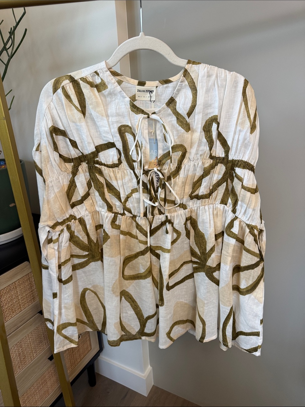Zulu & Zephyr Olive Flower Linen Tie Blouse